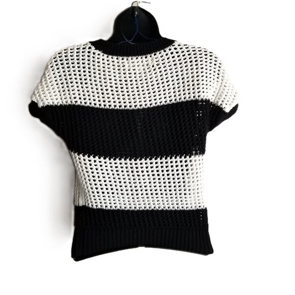 LOFT Petite XSP Black White Striped Open Knit Cotton Sweater Coastal Nautical - Picture 2 of 7